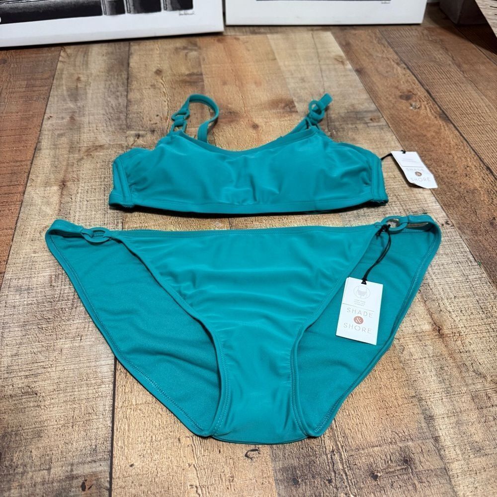 NWT~ Shade & Shore sz 36 D Teal Green Beach Bikini Top Ring & Bikini Bottom XL